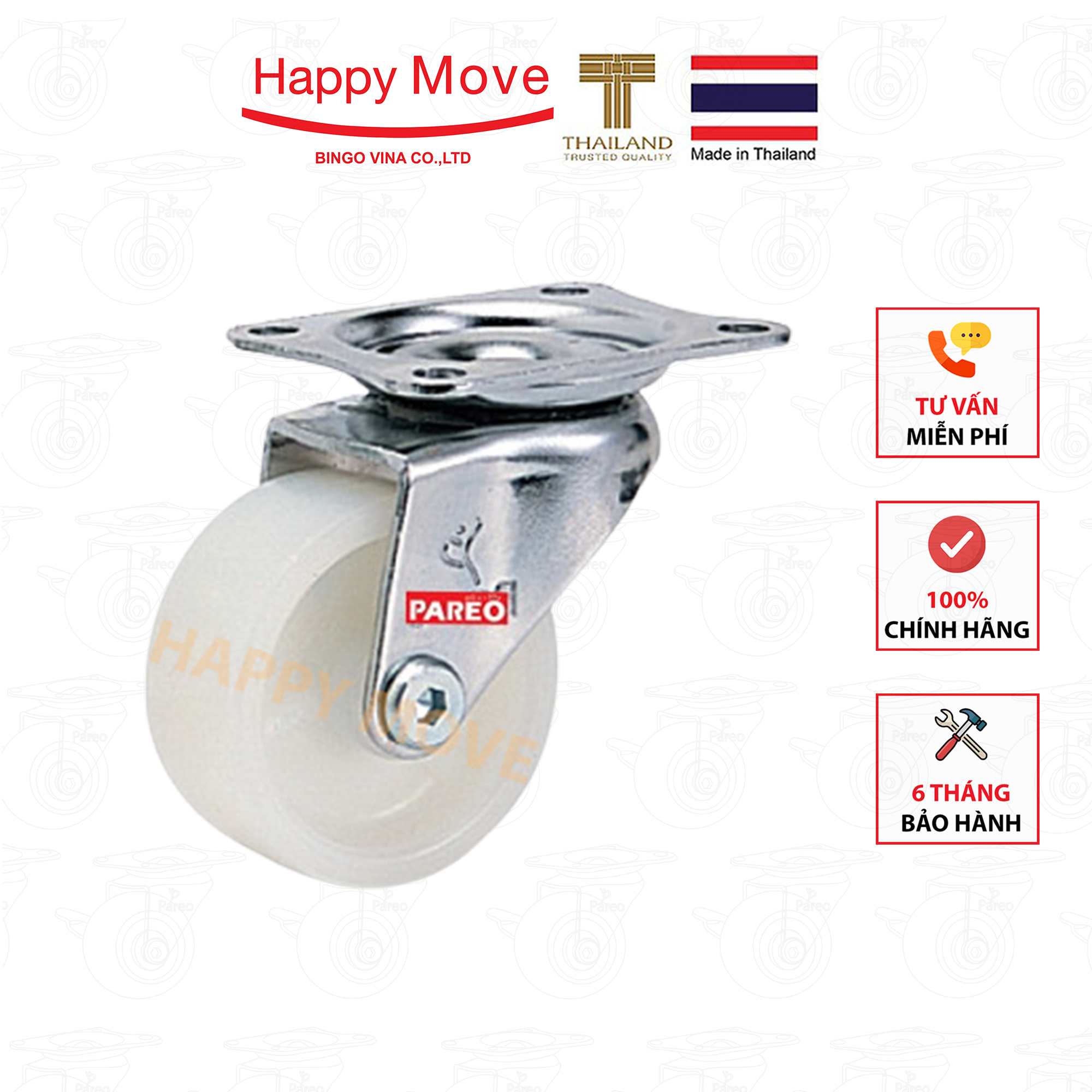Bánh xe đẩy nylon tải nhẹ càng xoay 360 độ - 50-65-75mm - Happy Move Thái Lan