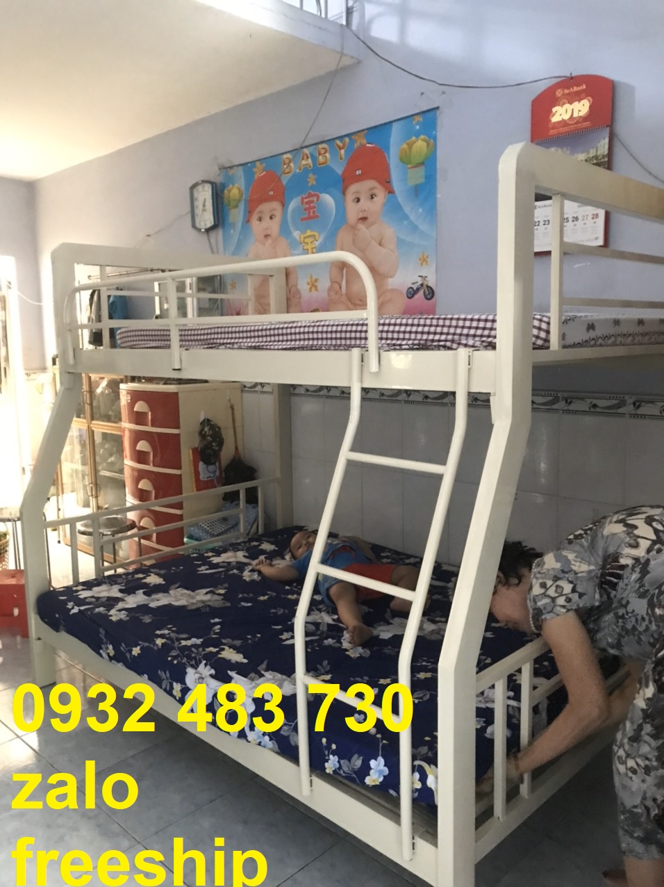 Giường sắt 2 tầng hộp 48 cao cấp 1m6x1m8 dài 2m