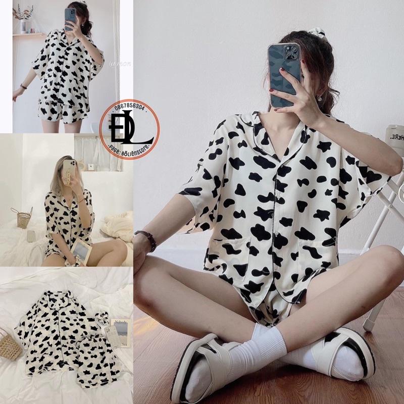 Bộ ngủ Pyjama in hình bò sữa&lt;FREE SIZE&gt; Bộ ngủ nữ siêu xinh,Bộ ngủ hoạt hình(kèm video ảnh thật)