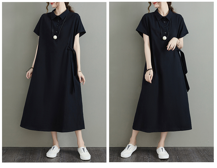Đầm váy linen nữ cổ polo, Váy sơ mi nữ trơn dáng suông dài, có đai buộc eo, không kén dáng mặc Đũi Việt