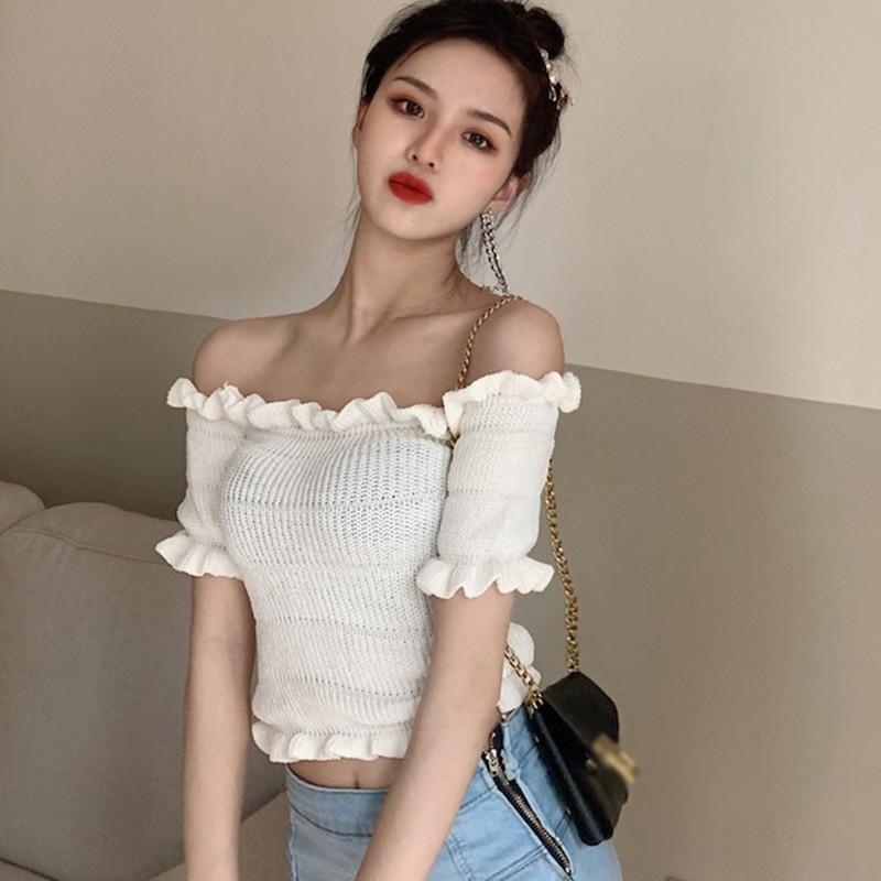 Áo Thun Dệt Kim Dáng Ôm Màu Trơn Phong Cách Hàn Quốc Cho Nữ