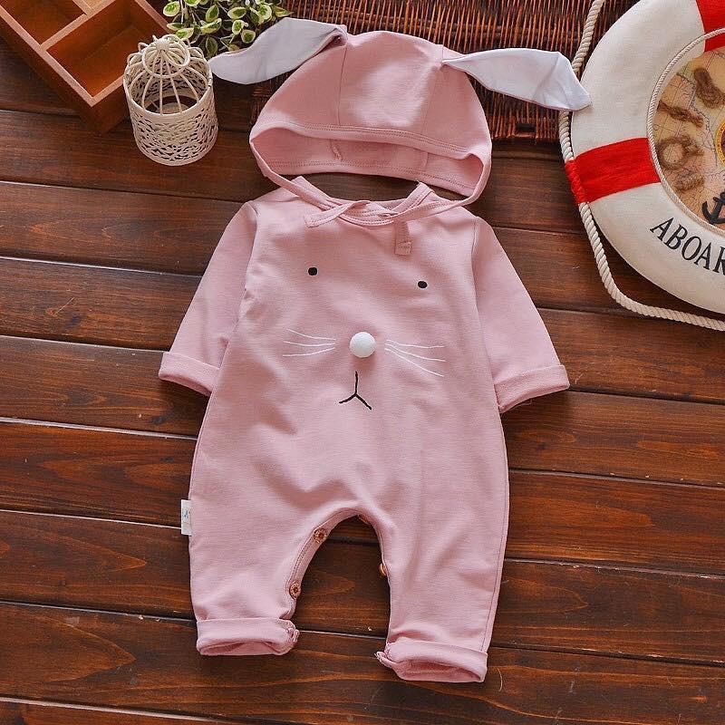 Set Body dài tay thu đông kèm mũ tai thỏ siêu đáng yêu cho bé sơ sinh 0-2 tuổi