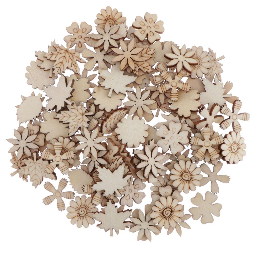 100Pcs Flower and Leaf Shapes Blank Wood Heart Embellishments Wood Birds Slices for Wedding, Valentine, DIY, Arts, Crafts, Card Making