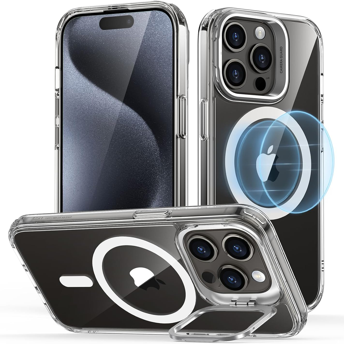 Ốp ESR cho iPhone 15 Pro Max, Ốp bảo vệ cấp quân sự, Có giá đỡ tích hợp, Chống ố vàng, Chống trầy xước, Ốp hỗ trợ từ tính cho iPhone 15 Pro Max ESR Classic Trong suốt - Hàng Chính Hãng