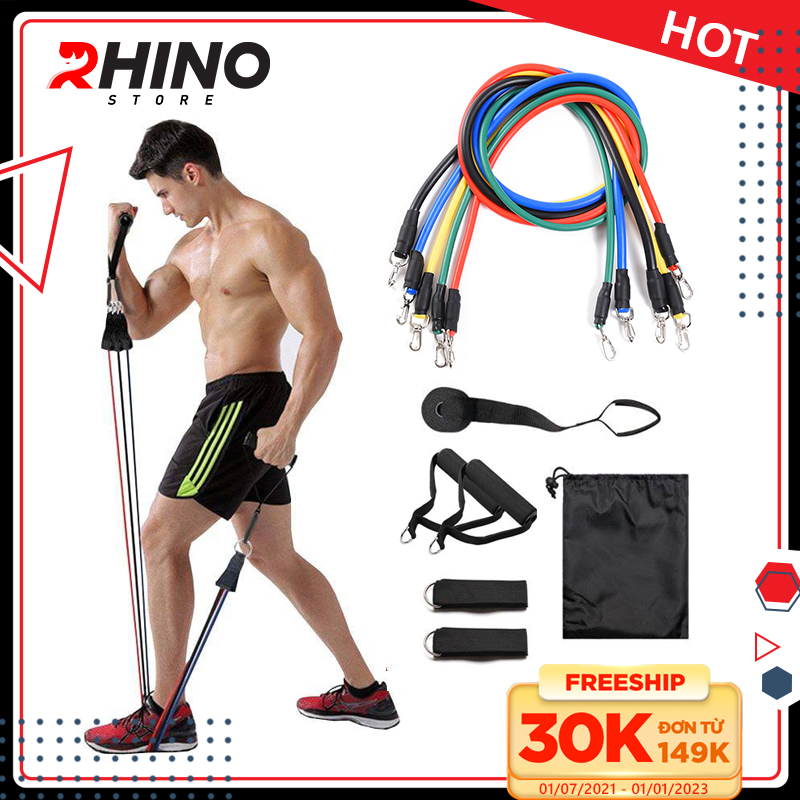 Dây ngũ sắc cao su tập Gym  chính hãng Rhino R401 full body, dây ngũ sắc 11 món tập thể hình đa năng tại nhà, văn phòng, phòng Gym