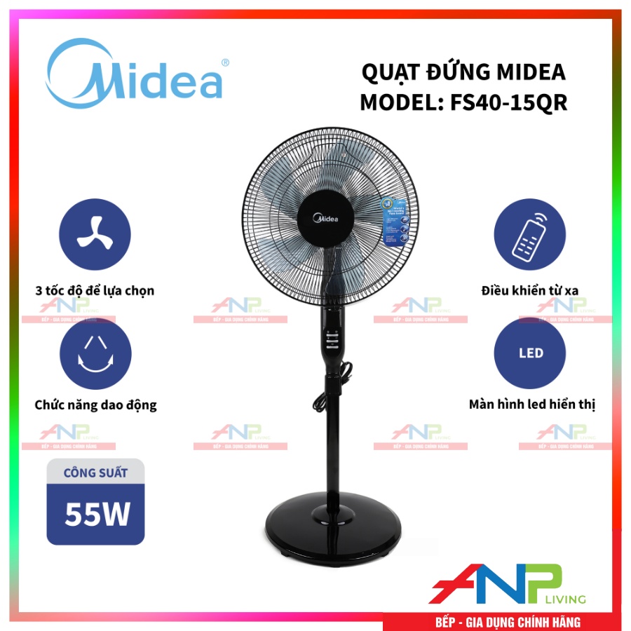 Quạt Đứng 5 Cánh Midea FS40-15QR (Công Suất 55W - 3 Chế Độ Gió - Có Điều Khiển Từ Xa) - Hàng Chính Hãng