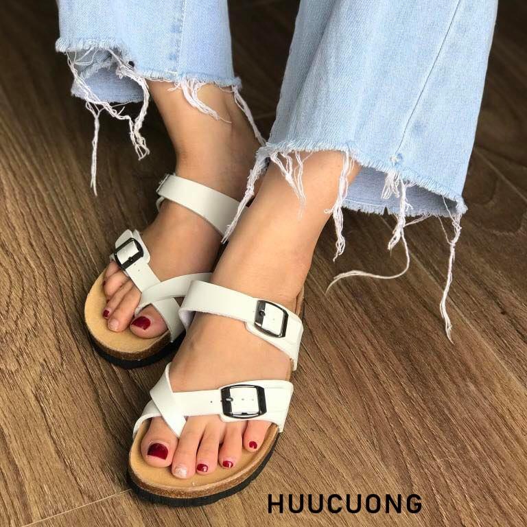 Dép nữ HuuCuong xỏ ngón trắng đế trấu handmade