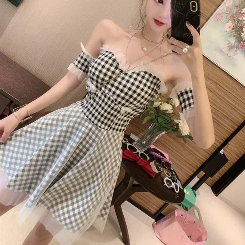Đầm cúp ngực caro phối lưới Mã: DA5207 - ĐEN