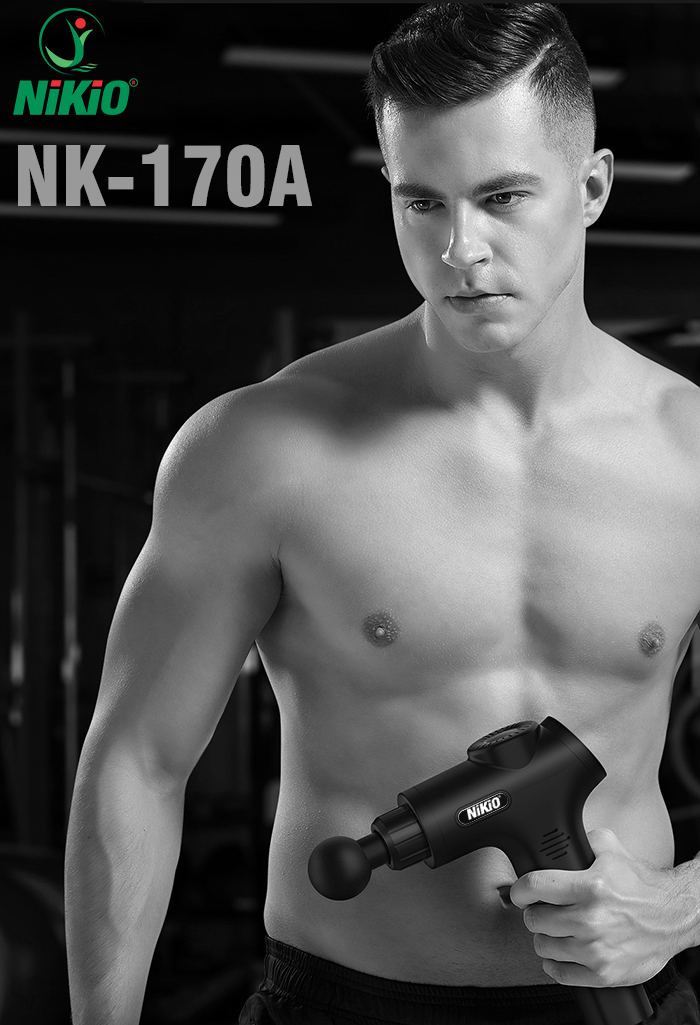 Súng Massage Cầm Tay Nikio NK-170A - Kỹ Thuật Mát Xa Gõ Hiện Đại, Tác Động Sâu, Hỗ Trợ Giãn Cơ Toàn Thân - 4 Đầu Thay Thế, 6 Cấp Độ Mát Xa, Pin Sạc Không Dây 2000 mAh