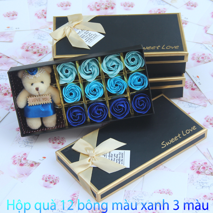 Hộp quà hoa hồng sáp 12 bông Sweet love kèm gấu - Quà tặng cho mẹ - Quà 8/3 cho bạn gái - Quà tặng 20/10