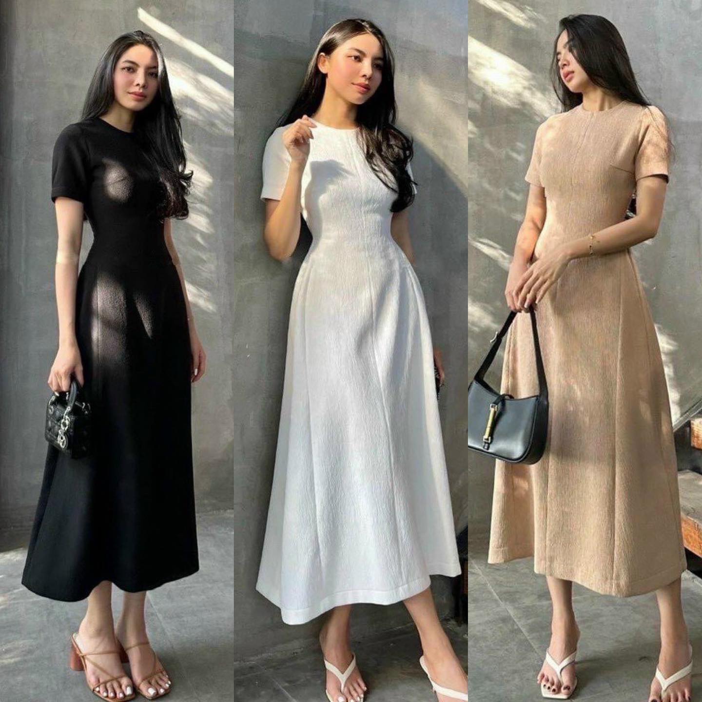 ĐẦM ĐEN DÀI MIDI SUÔNG TRƠN CỔ TRÒN TAY NGẮN ÔM BODY ĐI TIỆC ĐI CHƠI ĐI BIỂN DẠO PHỐ