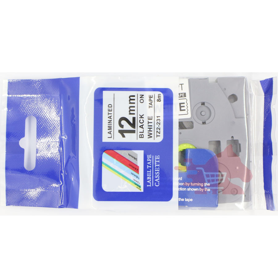 [Mua 10 tặng 1] Nhãn in TZ2-231( tương thích Tze-231, Hze-231), chữ đen nền trắng ( Black on white), Khổ rộng 12mm * dài 8m, nhãn đa lớp, bám dính cao