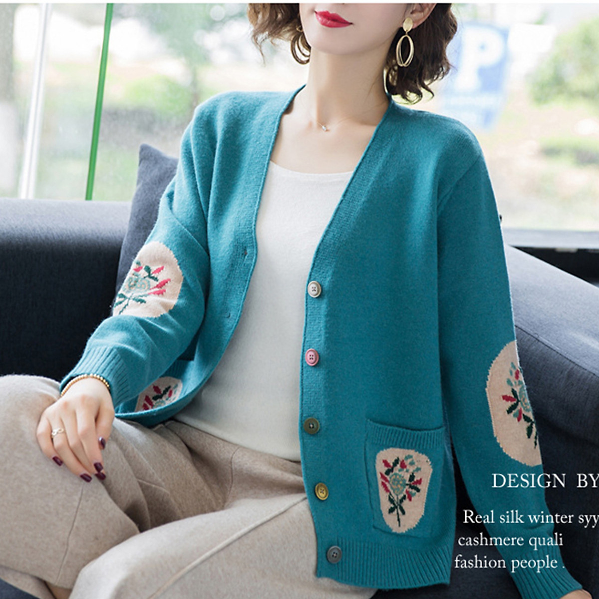 Áo cardigan len nữ trung niên phối họa tiết túi và tay ArcticHunter, chất len dày dặn ấm áp, thích hợp thu đông