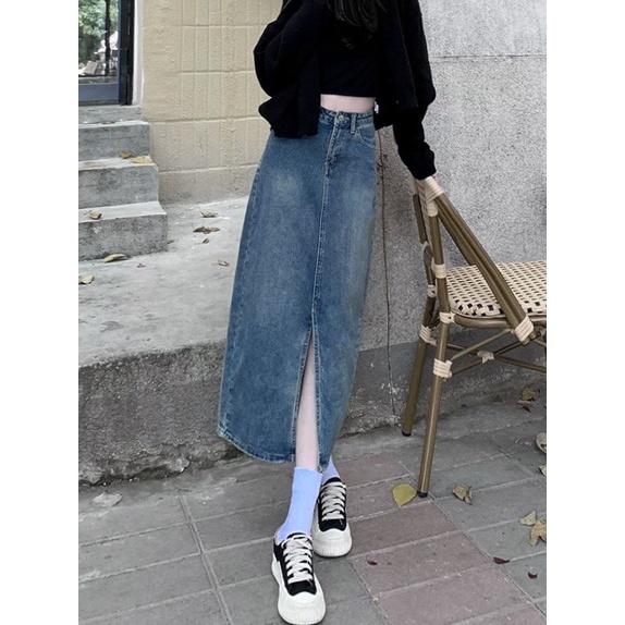 Chân váy jeans trơn basic EMIX, váy midi dáng dài, xẻ trước, cạp cao, có túi