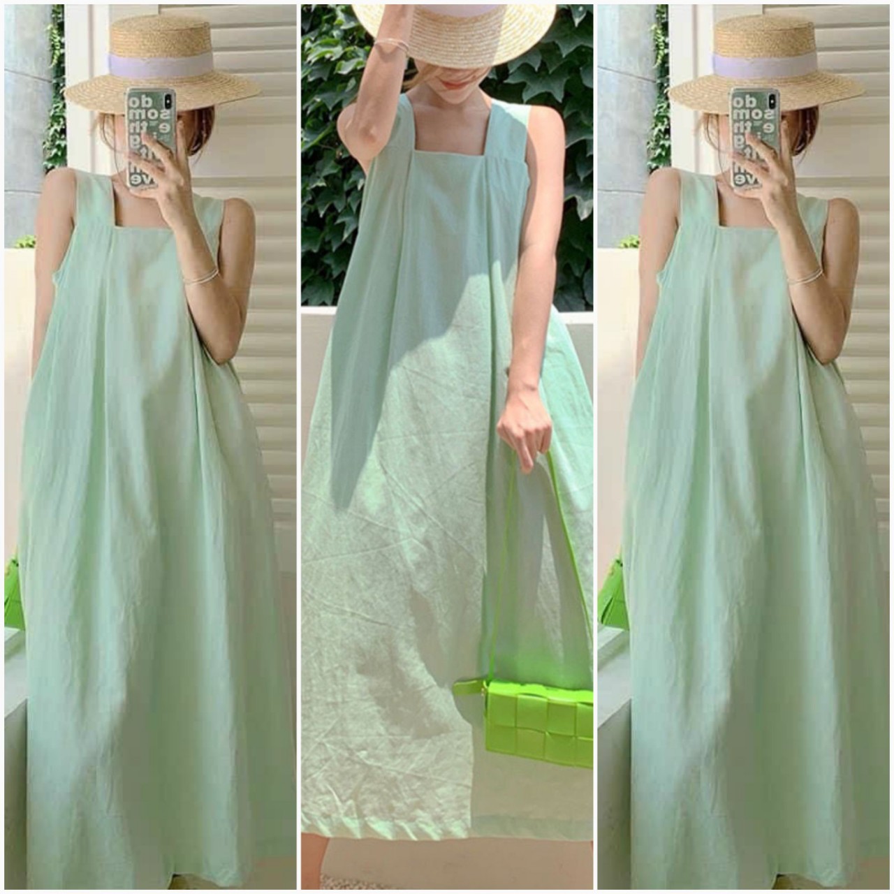 Đầm 2 dây bản to dáng dài, váy bầu bí đi biển phom rộng màu xanh mát mẻ