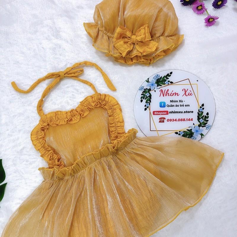 Body Yếm Vàng Bé Gái Sơ Sinh Đến 12kg, Chất Đũi Xốp Phối Tơ Ánh Nhũ Siêu Sang