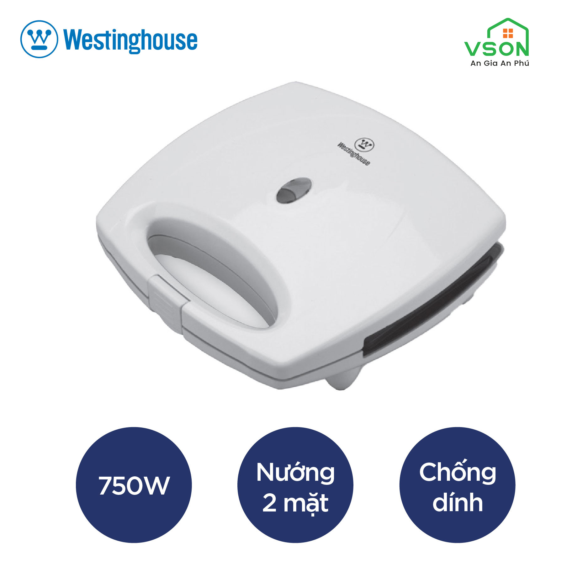 Máy kẹp nướng bánh mì Sandwich WestingHouse WKSM026 750W nướng nhanh chín đều, chống dính, có 2 ngăn nướng - Hàng chính hãng Mỹ