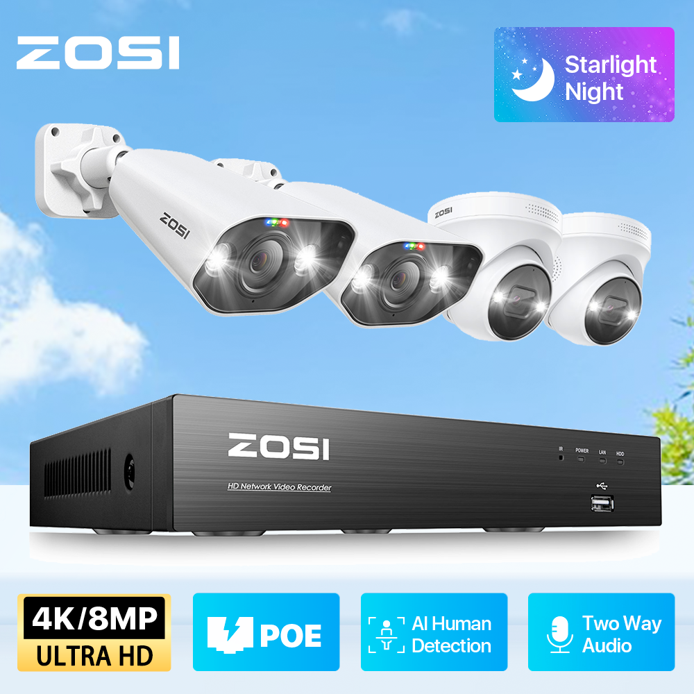 Hệ thống camera quan sát ZOSI 8MP 8CH H.265 4K Ultra HD PoE NVR Kit Âm thanh 2 chiều Đèn trợ sáng Còi báo động Giám sát video ngoài trời Bộ camera IP tích hợp HDD: 2T