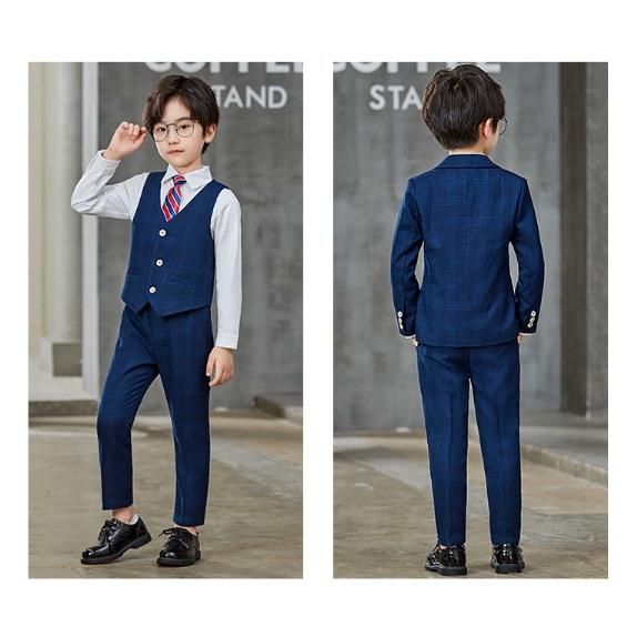 Bộ ghile vest bé trai cao cấp kẻ xanh TQB054 gồm 3 chi tiết (áo ghile + áo vest + quần tây) tặng kèm nơ
