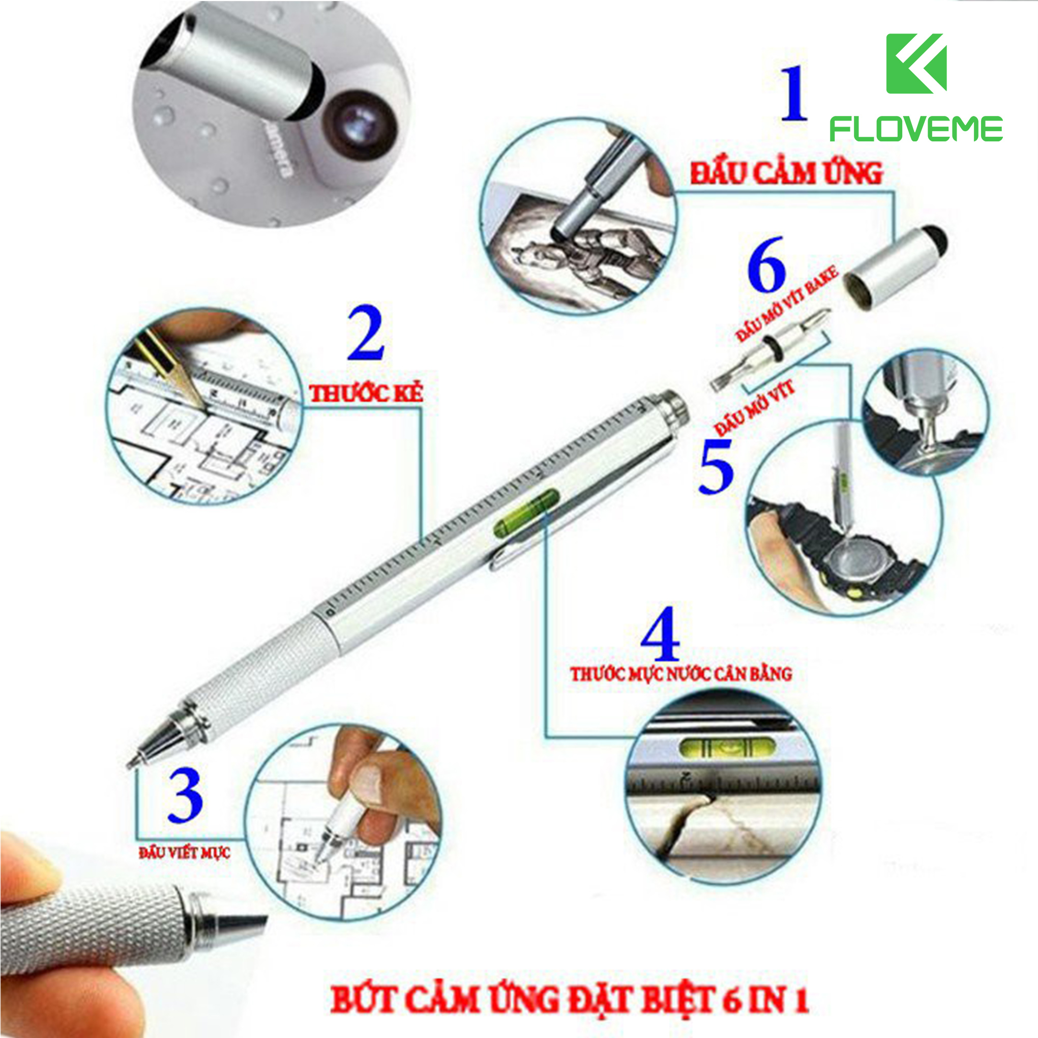 Bút cảm ứng Floveme 6 in 1 Đa Chức Năng Đầu Bút Cảm Ứng Chạm Màn Hình Tích Hợp Tua Vít Tiện Lợi - Hàng Chính Hãng