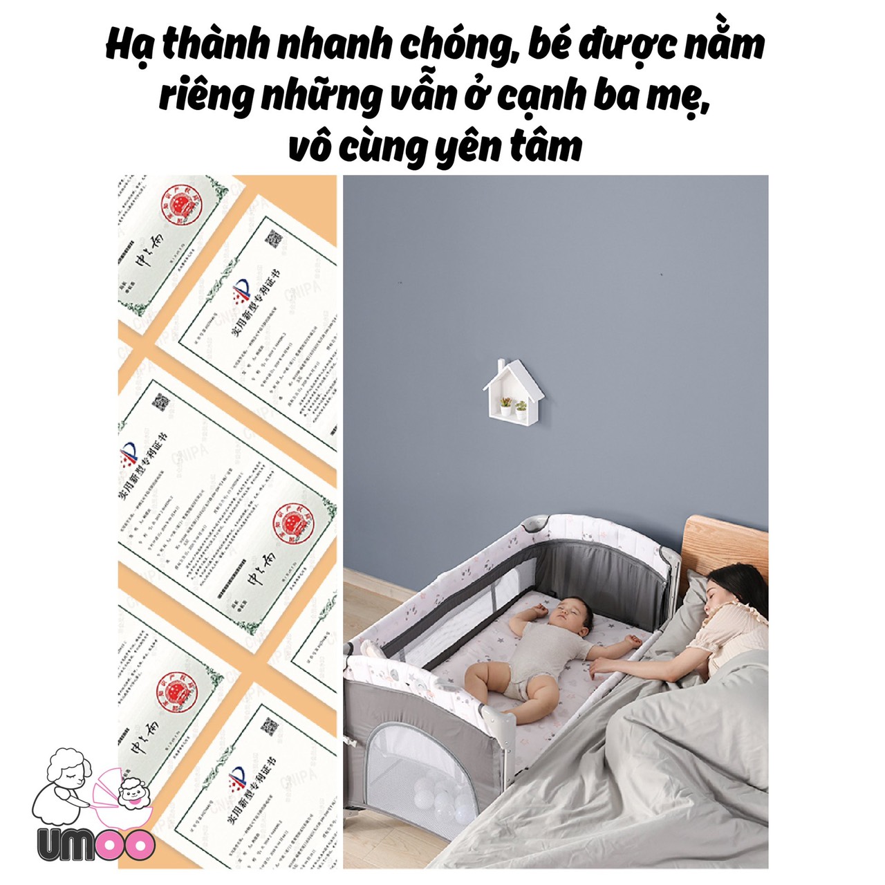 Nôi cũi vải gấp gọn đa năng umoo um-08108 chính hãng sang chảnh