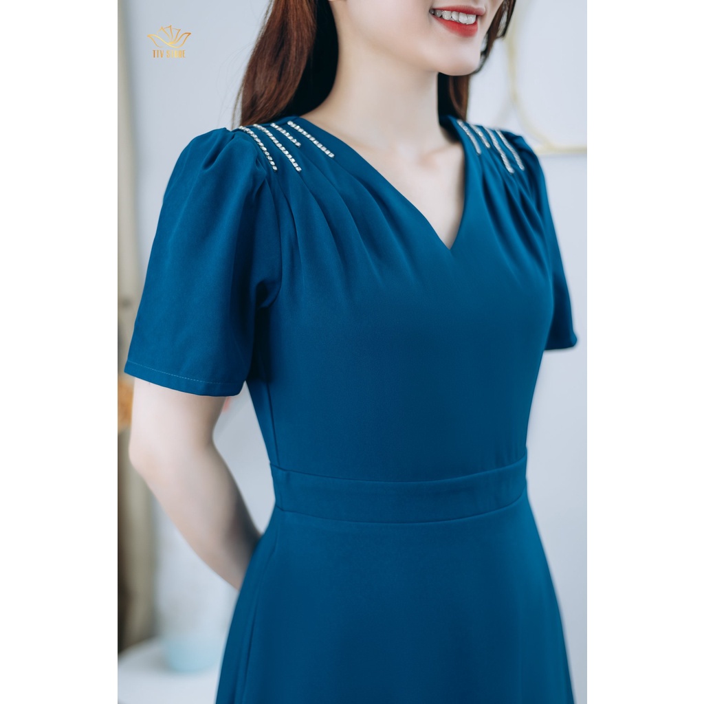 Đầm xòe thiết kế trung niên sang trọng quý phái Cổ tim tay ngắn kết đá màu Xanh cổ vịt TTV STORE TTV1250