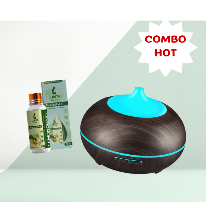 Combo MÁY XÔNG TINH DẦU SIÊU ÂM HÀNG NHẬP KHẨU CAO CẤP 550ml AROMA DIFFUSER VÀ TINH DẦU THIÊN NHIÊN SẢ CHANH - khuếch tán tinh dầu phun sương tạo ẩm không khí mạnh