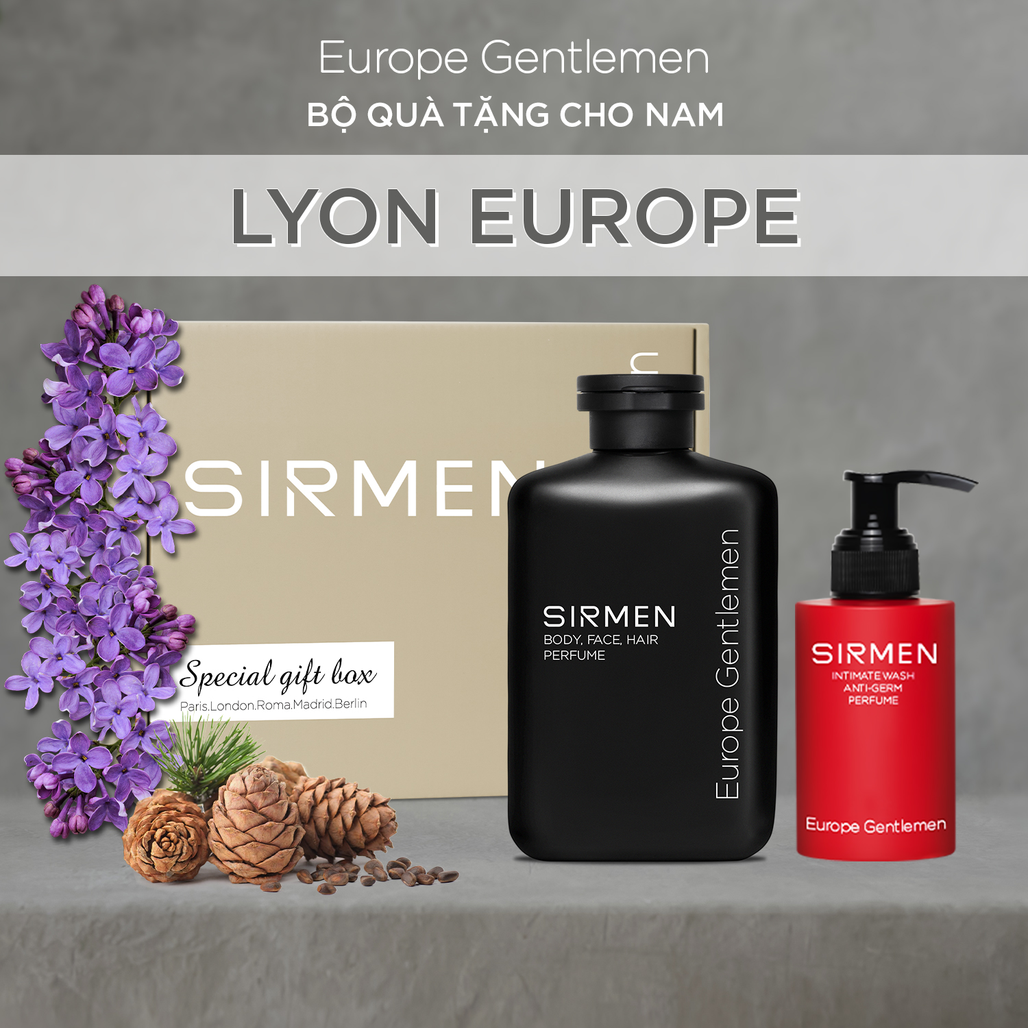 Sữa tắm 350g và Dung dịch vệ sinh nam 100g nguyên liệu châu Âu SIRMEN Europe Gentlemen chiết xuất tự nhiên công nghệ EU-Nano