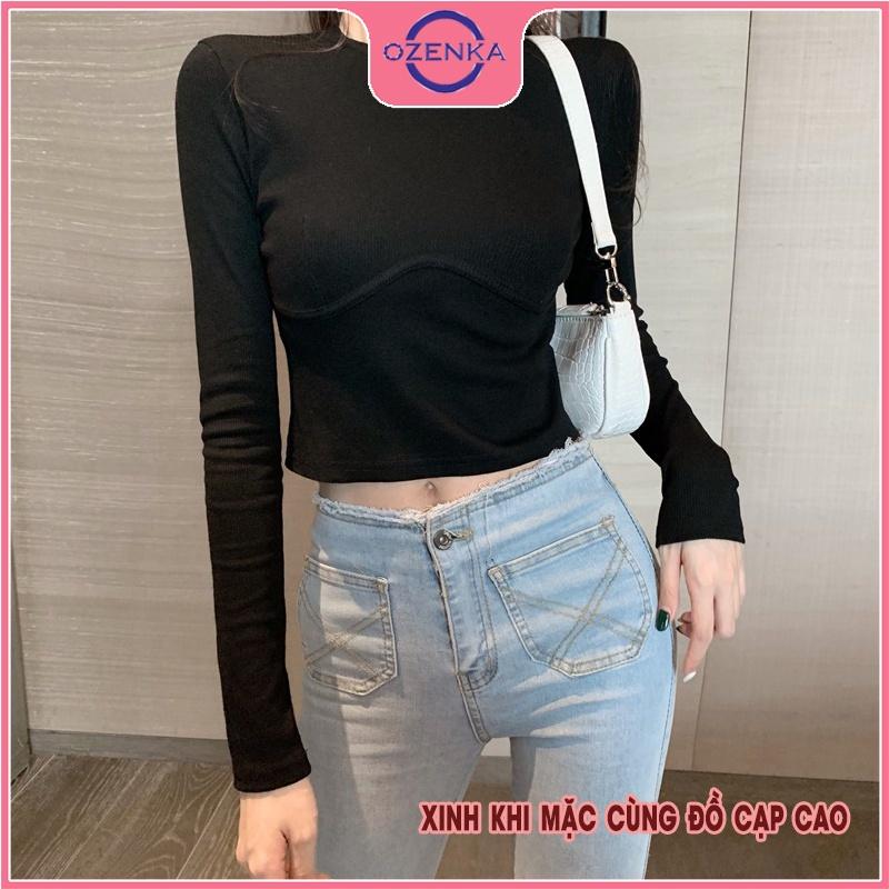 Áo croptop tay dài cổ tròn ôm nữ , áo thu đông tôn ngực mặc đi học đi chơi chất len tăm 100% cotton đen trắng