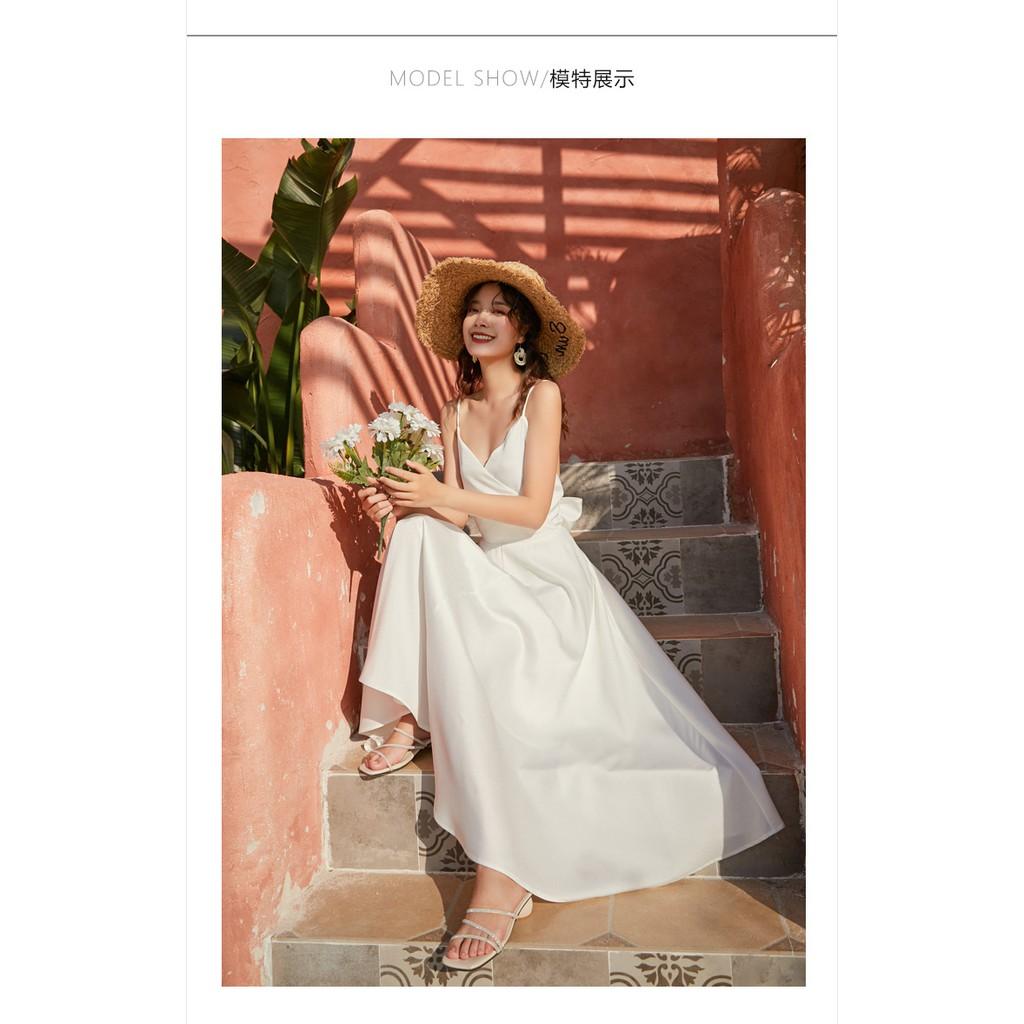 ĐẦM MAXI VÁY MAXI TRẮNG ĐAN DÂY HỞ LƯNG NƠ SAU ĐI BIỂN