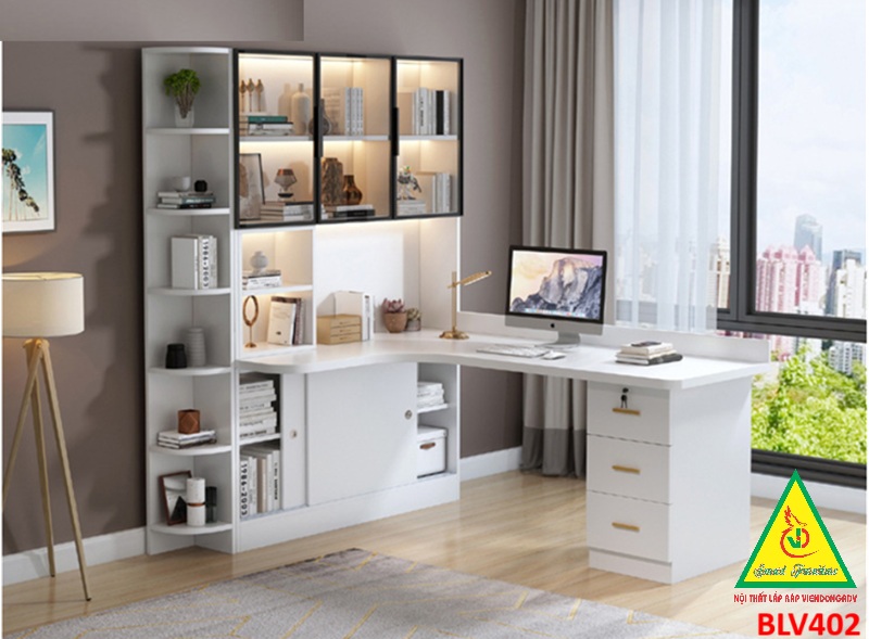 BÀN HỌC – BÀN LÀM VIỆC LIỀN KỆ GỖ MDF TỦ CÁNH KÍNH CÓ ĐÈN LED BLV402 - NỘI THẤT LẮP RÁP VIENDONGADV