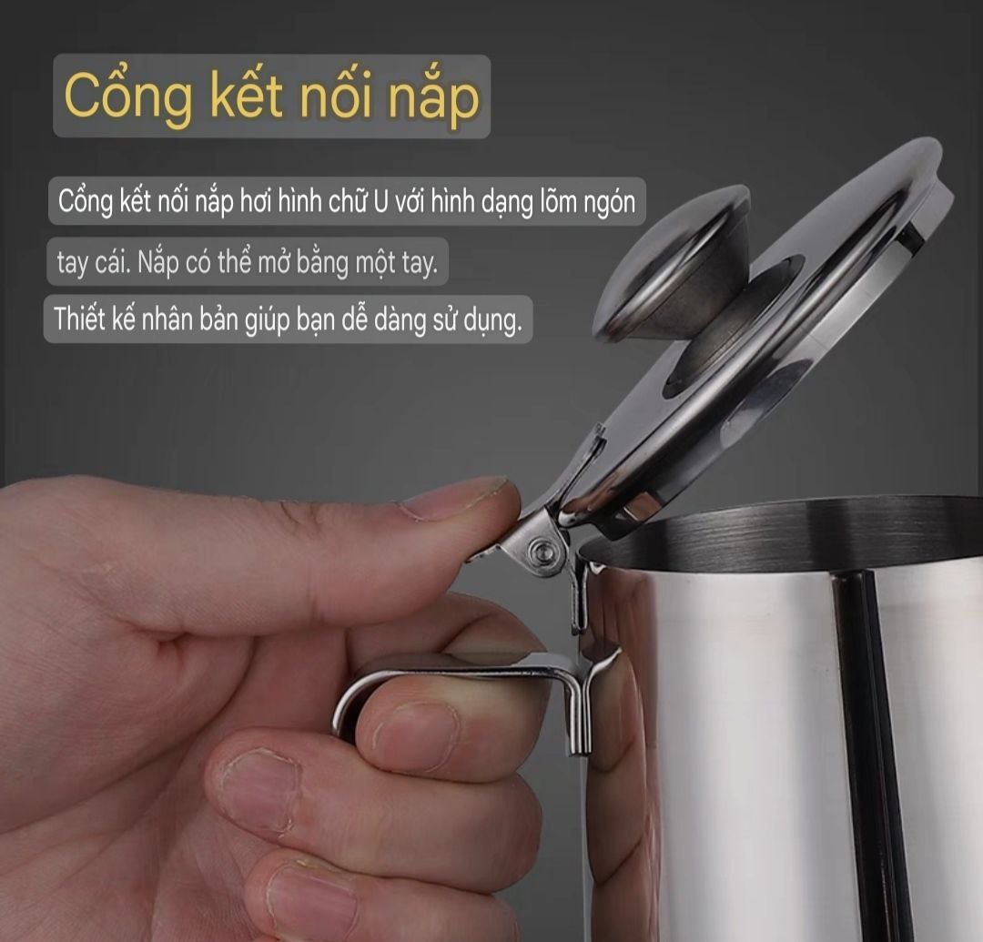 CA INOX 304 CA ĐÁNH SỮA CÓ NẮP ĐẬY NHIỀU SIZE CAO CẤP MILK PITCHER INOX 304