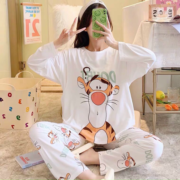 Đồ Bộ Pyjama Dài Tay, Đồ Ngủ Mặc Nhà Pizama Nữ Siêu Dễ Thương Quảng Châu, họa tiết hoạt hình CHÚ Hổ