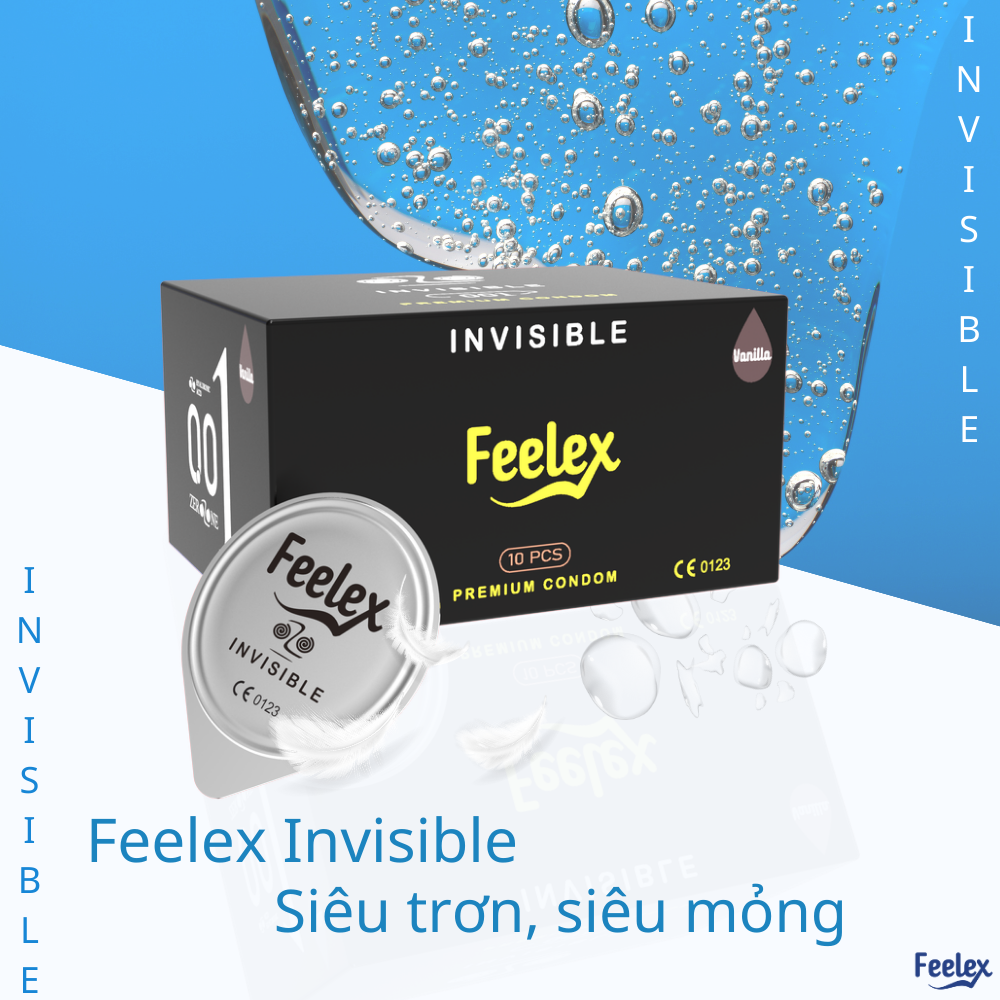 Bao cao su Feelex Invisible siêu mỏng, nhiều gel bôi trơn, hương thơm nhẹ