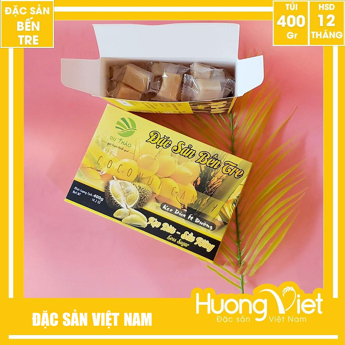 Kẹo dừa sầu riêng ít đường Du Thảo 400g, kẹo dừa Bến Tre, kẹo dừa ít ngọt