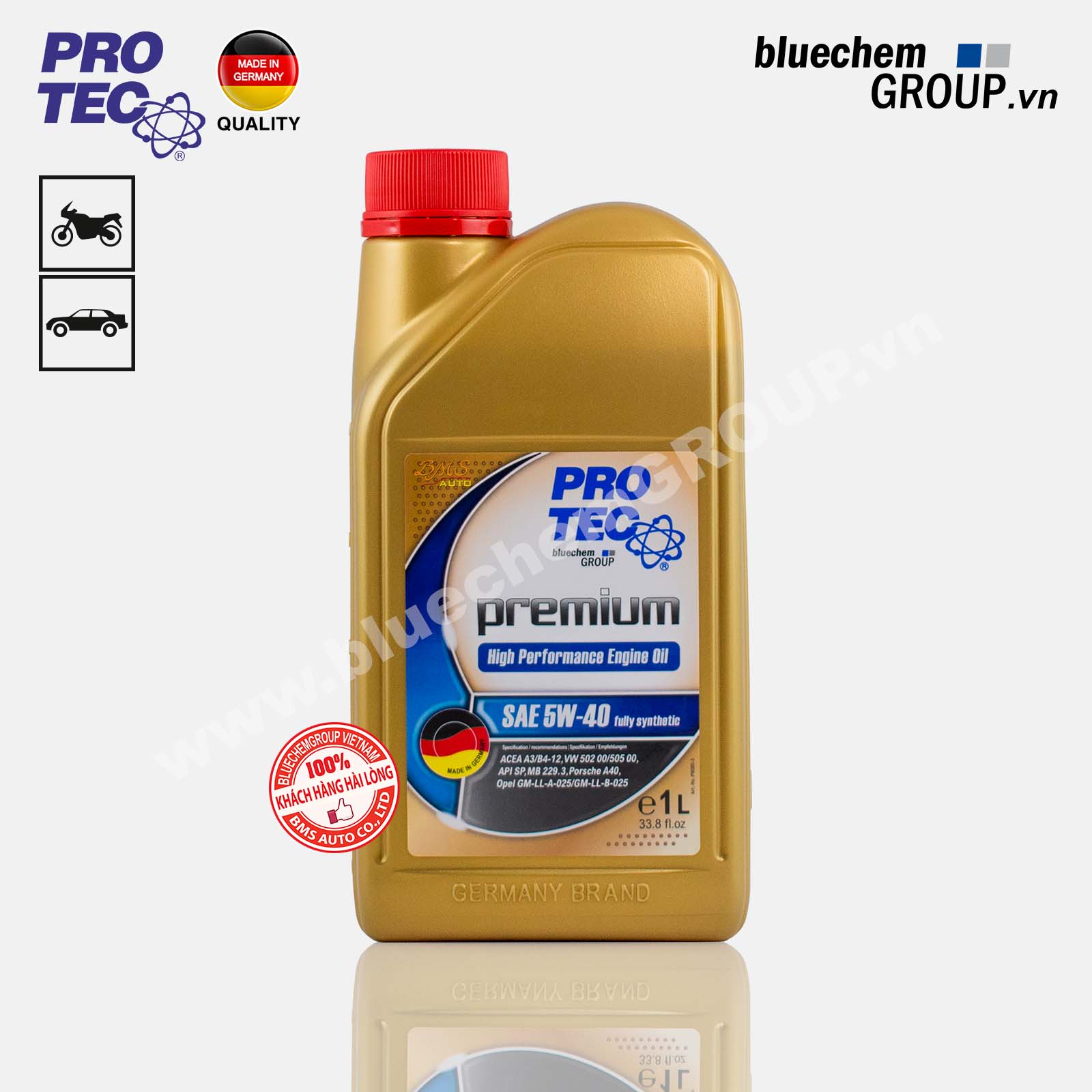 Dầu nhớt bluechem Tổng hợp toàn phần cao cấp PRO-TEC Premium 5W-40 Fully-Synthetic ACEA A3/B4-12