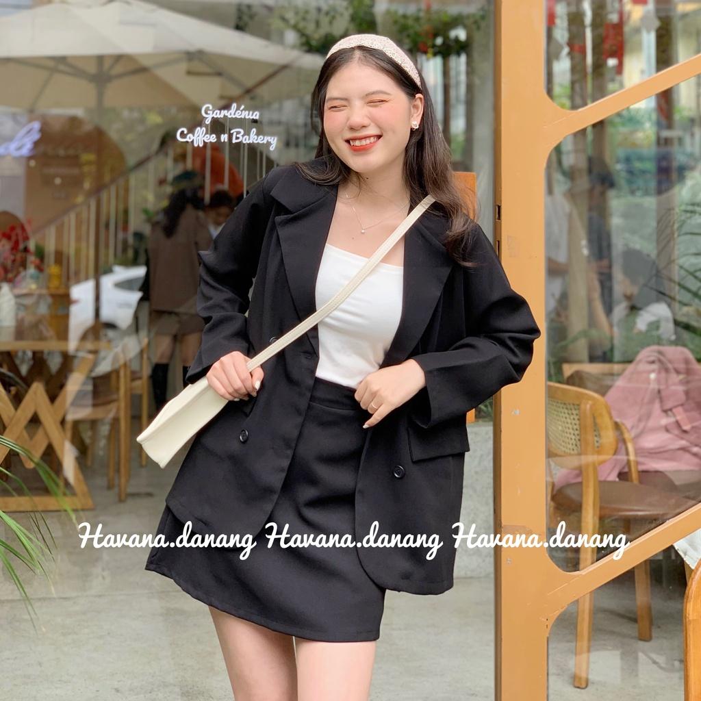 Set blazer nữ, set blazer, họa tiết trơn hai lớp dày dặn