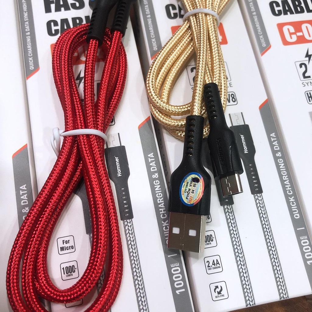 Dây sạc nhanh Ham mer C04 chân cắm Micro (V8) dòng điện 5v-2.4A, dây dù sạc nhanh hàng chính hãng, check Qr kiểm tra