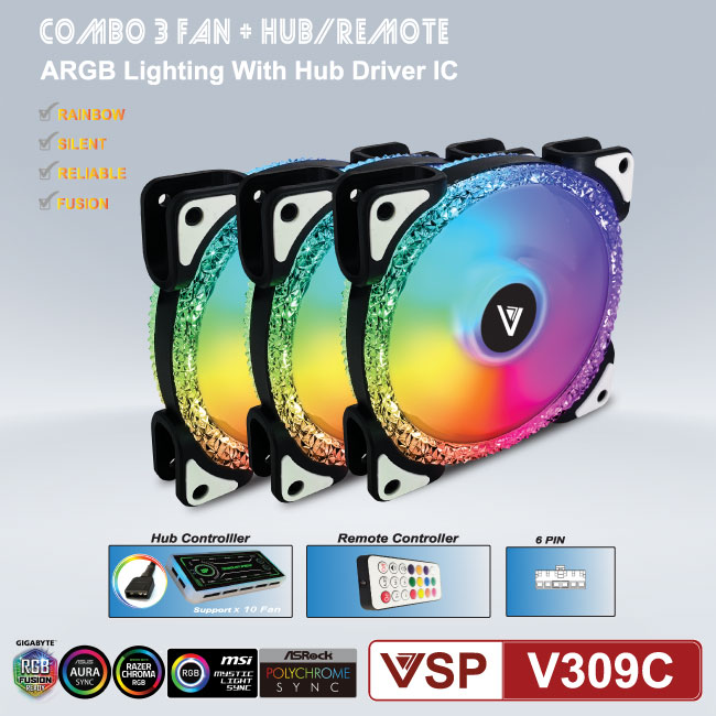 Bộ 3 Fan Case 12cm VSP V309C LED RGB (Kèm Hub + Remote, Sync Main) - Hàng Chính Hãng