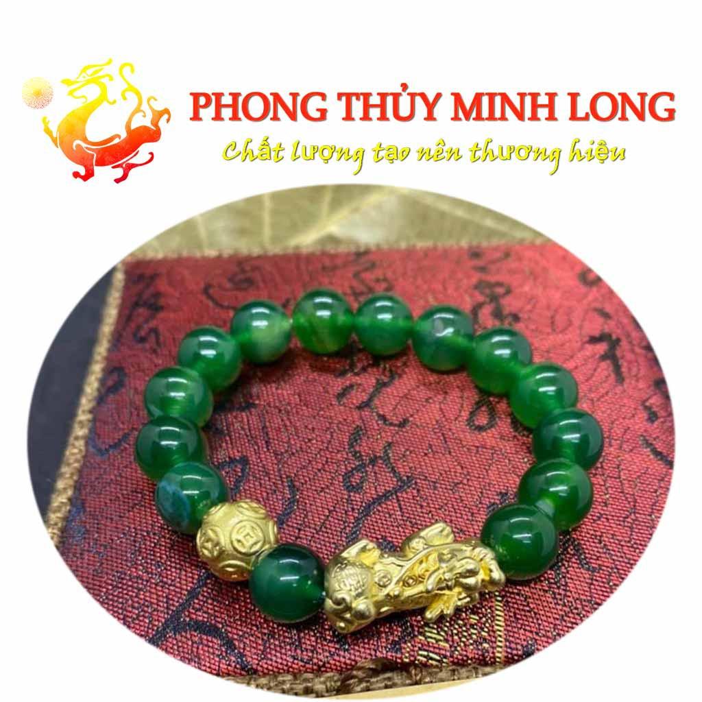 Vòng tay đá Mã Não Xanh chất lượng 3A mix tỳ hưu và 1 hạt kim tiền Vàng