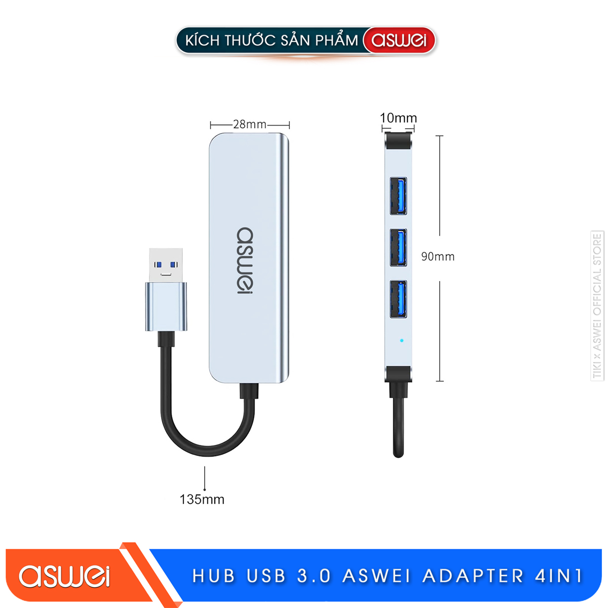 Hub Chuyển Đổi USB Type C ASWEI 4 in 1 - 4 Cổng USB 3.0 Tốc Độ Cao - Hàng Chính Hãng