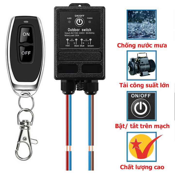 [CHỐNG NƯỚC] Công tắc điều khiển từ xa RF 100m/30A (3000W)/220V-cong tac dieu khien tu xa 220v