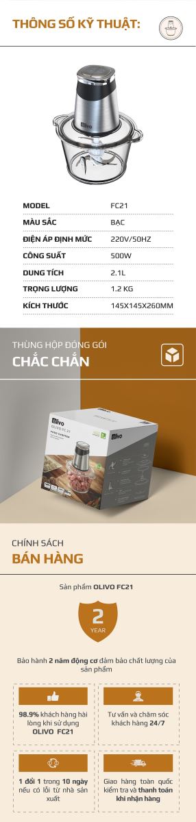 Máy Xay Thịt Thực Phẩm Đa Năng OLIVO FC21 Cao Cấp - Dung Tích Lớn 2.1L - Công Suất 500W - Thương Hiệu Mỹ