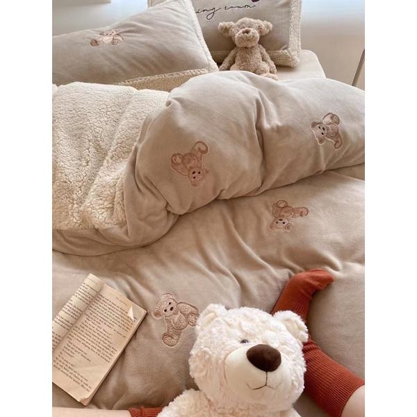 Bô Chăn Ga Gối Nỉ Gấu Teddy Hàng Nhập Khẩu Cao Cấp 4 Món Hot trend