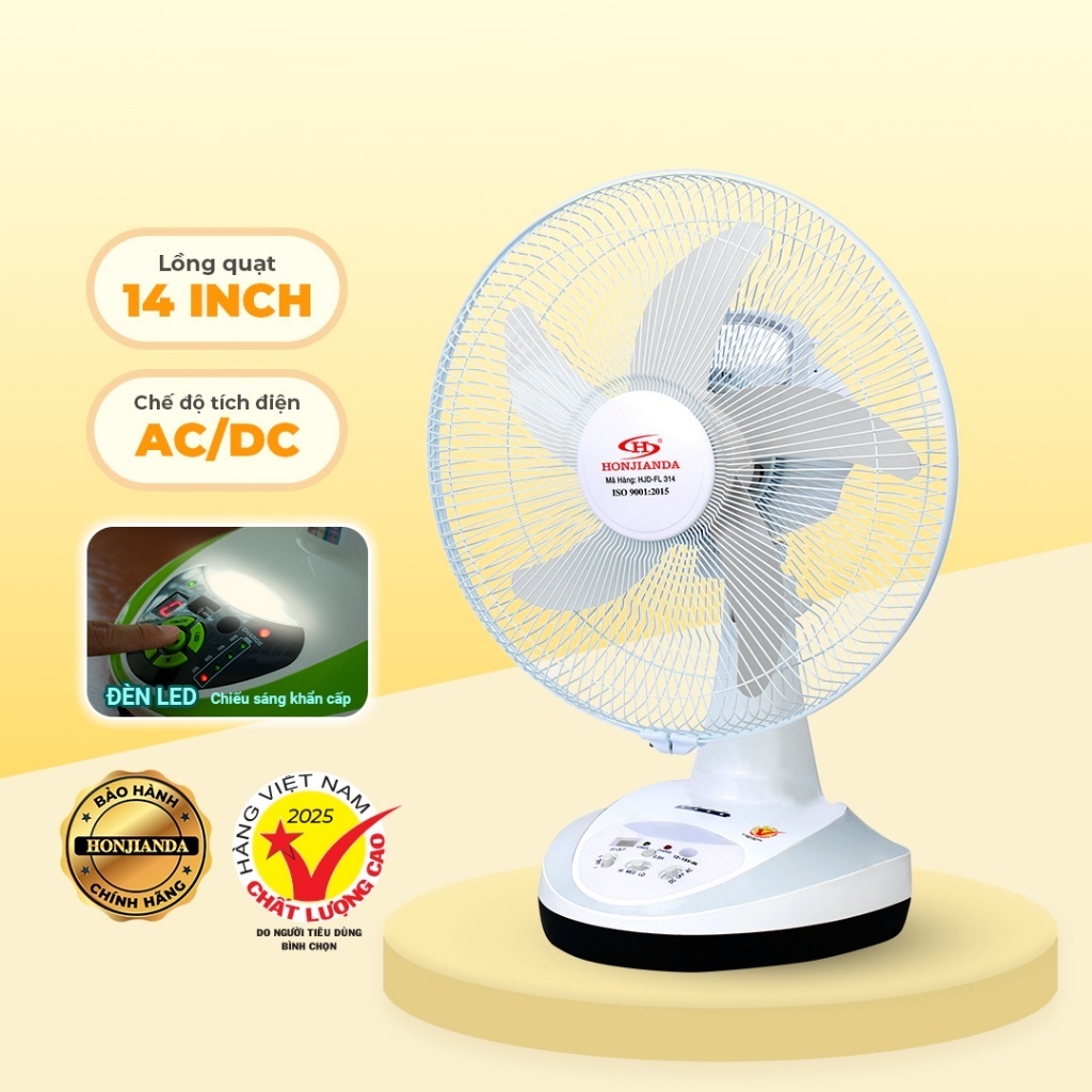 Quạt Sạc Tích Điện để bàn AC&amp;DC 14 inch Honjianda FL314 có đèn LED &amp; sạc USB - Hàng Chính Hãng
