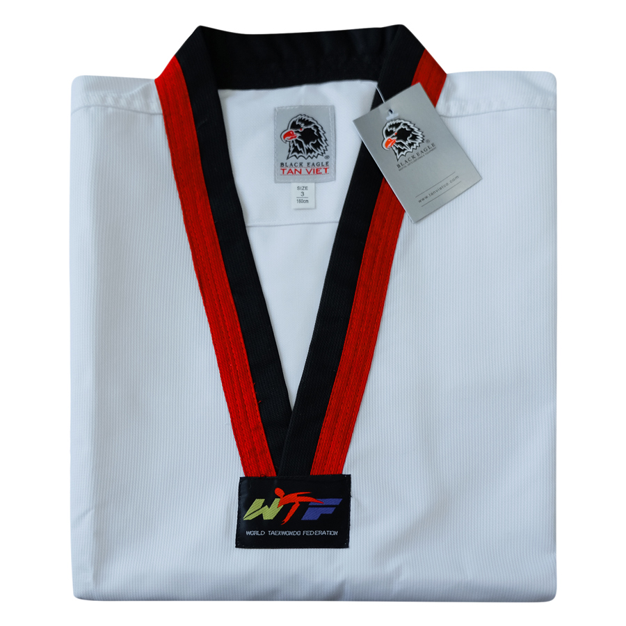 Võ Phục Taekwondo Black Eagle Cổ Đỏ Đen Vải Sọc DPVTTAECDDVSBE - Trắng