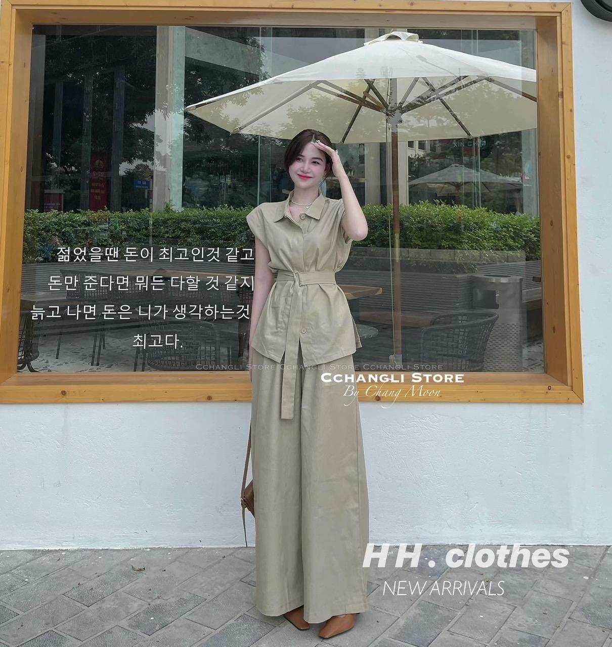 SET ĐI CHƠI, SET 2 MÓN ÁO SƠ MI NUDE PHỐI QUẦN DÀI ỐNG RỘNG KÈM ĐAI CỰC SANG CHẢNH