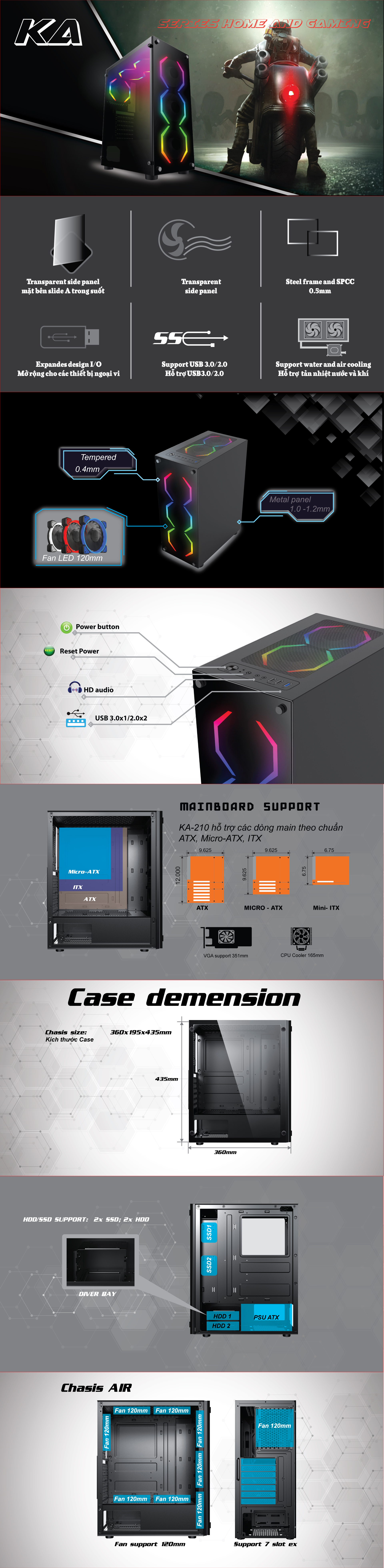 Vỏ máy tính Case VSP KA210 Gaming kính cường lực (Micro-ATX/ATX) - Hàng chính hãng TECH VISION phân phối