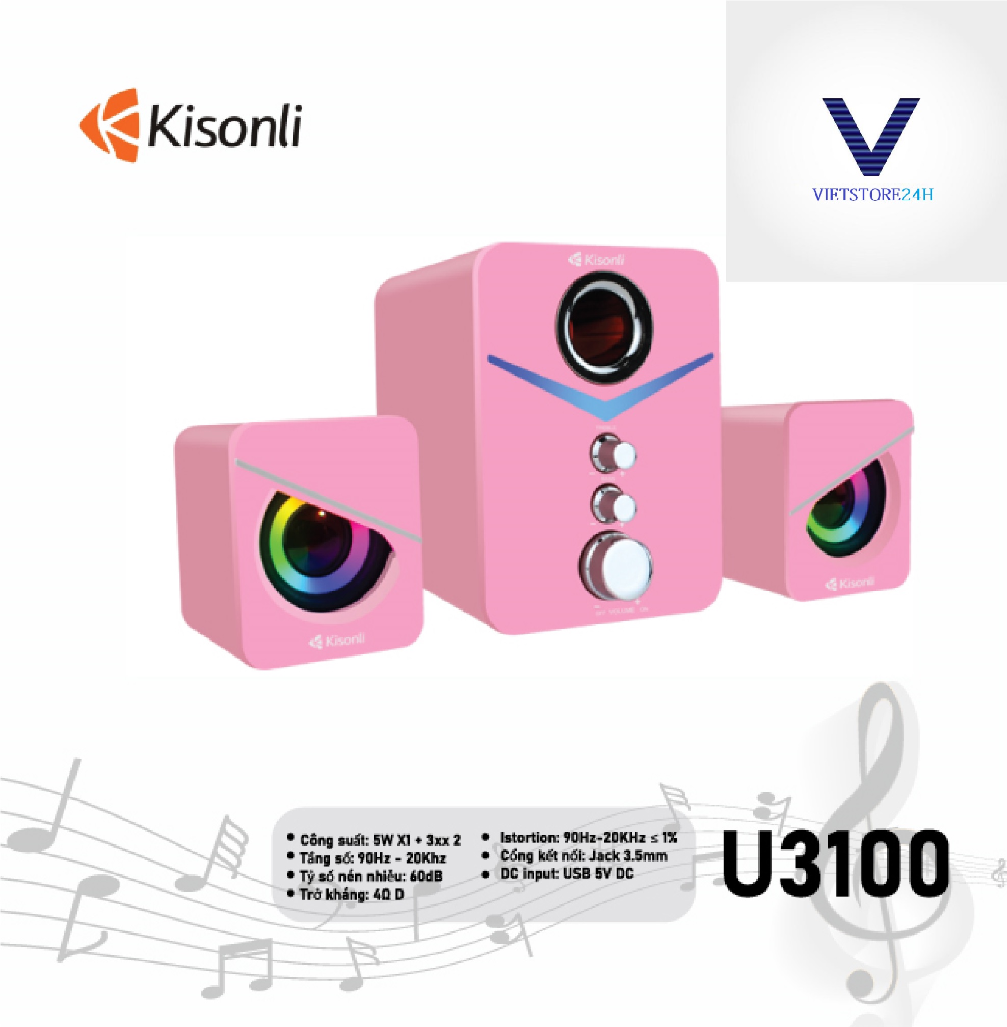 Loa 2.1 Kisonli U-3100 Pink LED - Hàng chính hãng