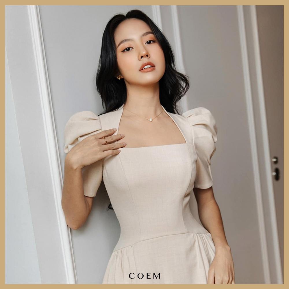 Váy Dự Tiệc Cổ Vuông Thiết Kế Tay Phồng Dáng Xoè Màu Beige Sang Trọng CO EM Đầm Midi Chất Liệu Cotton Premium Cao Cấp